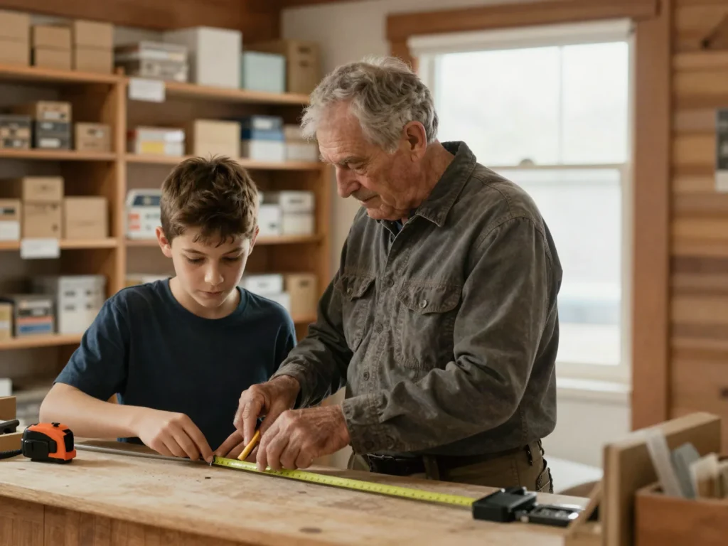 Grandfather teaching his grandson in the family hardware store