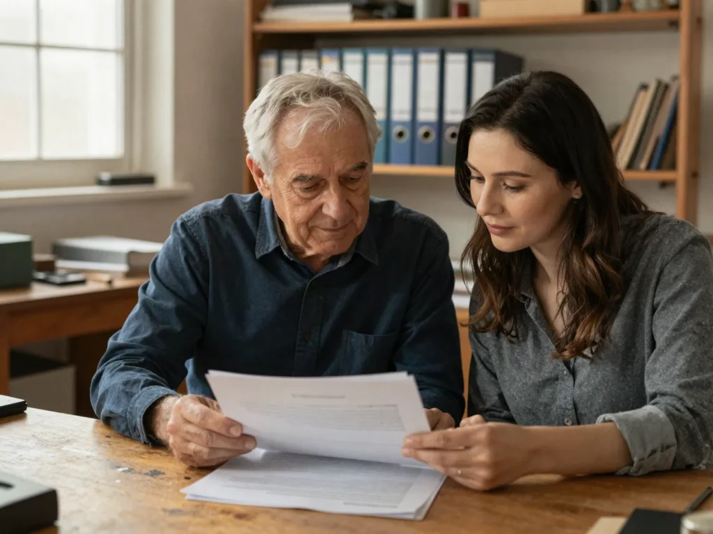 Family business owner reviewing paperwork with his adult daughter